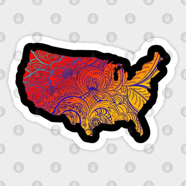 Colorful mandala art map of the United States of America in orange and red with blue Sticker by Happy Citizen